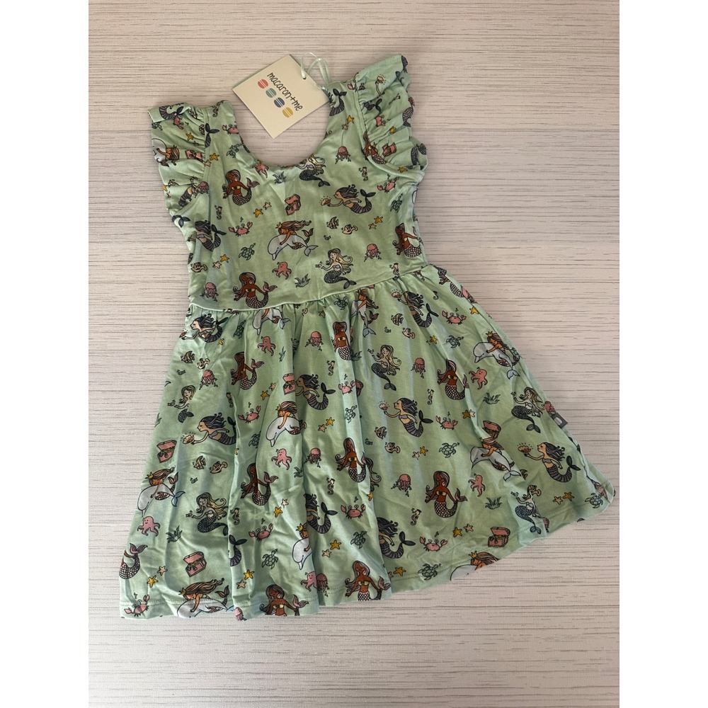 Macaron + Me Girls Mint Green Mermaid Bamboo Viscose Flutter Sleeve Dress 3T NEW